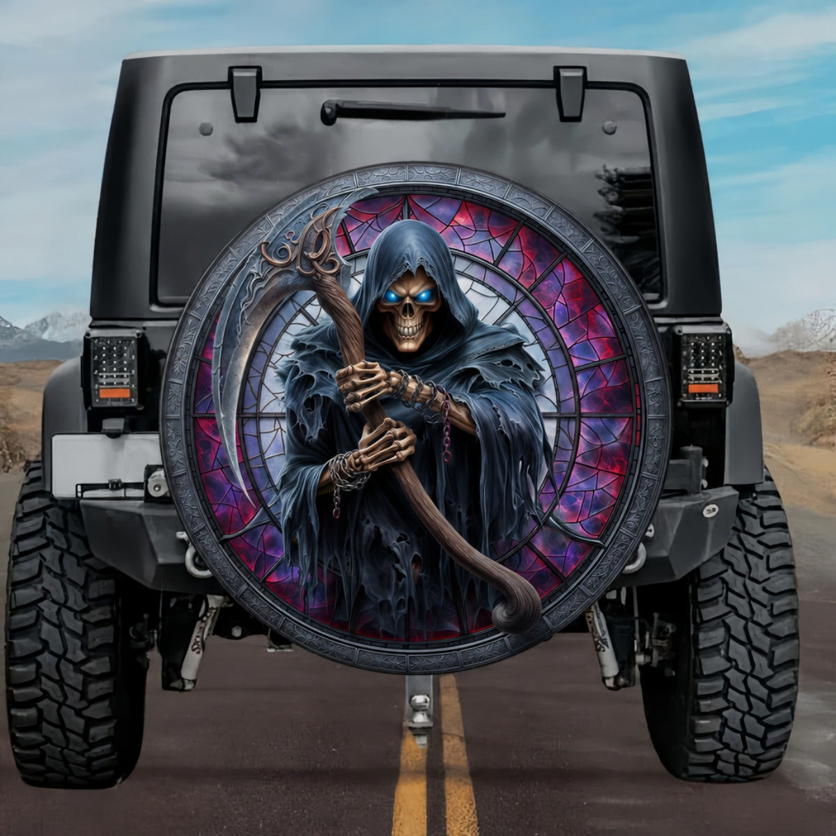 Gothic Grim Reaper Scythe Glowing Blue Eyes Stained Glass Spare Tire Cover