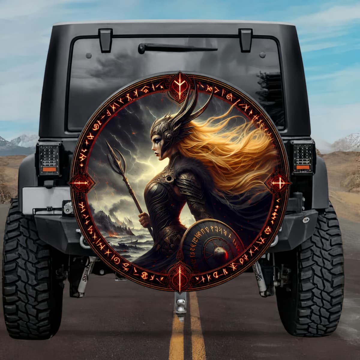 Gothic Valkyrie Kara Storm Weaver Norse Runes Spare Tire Cover