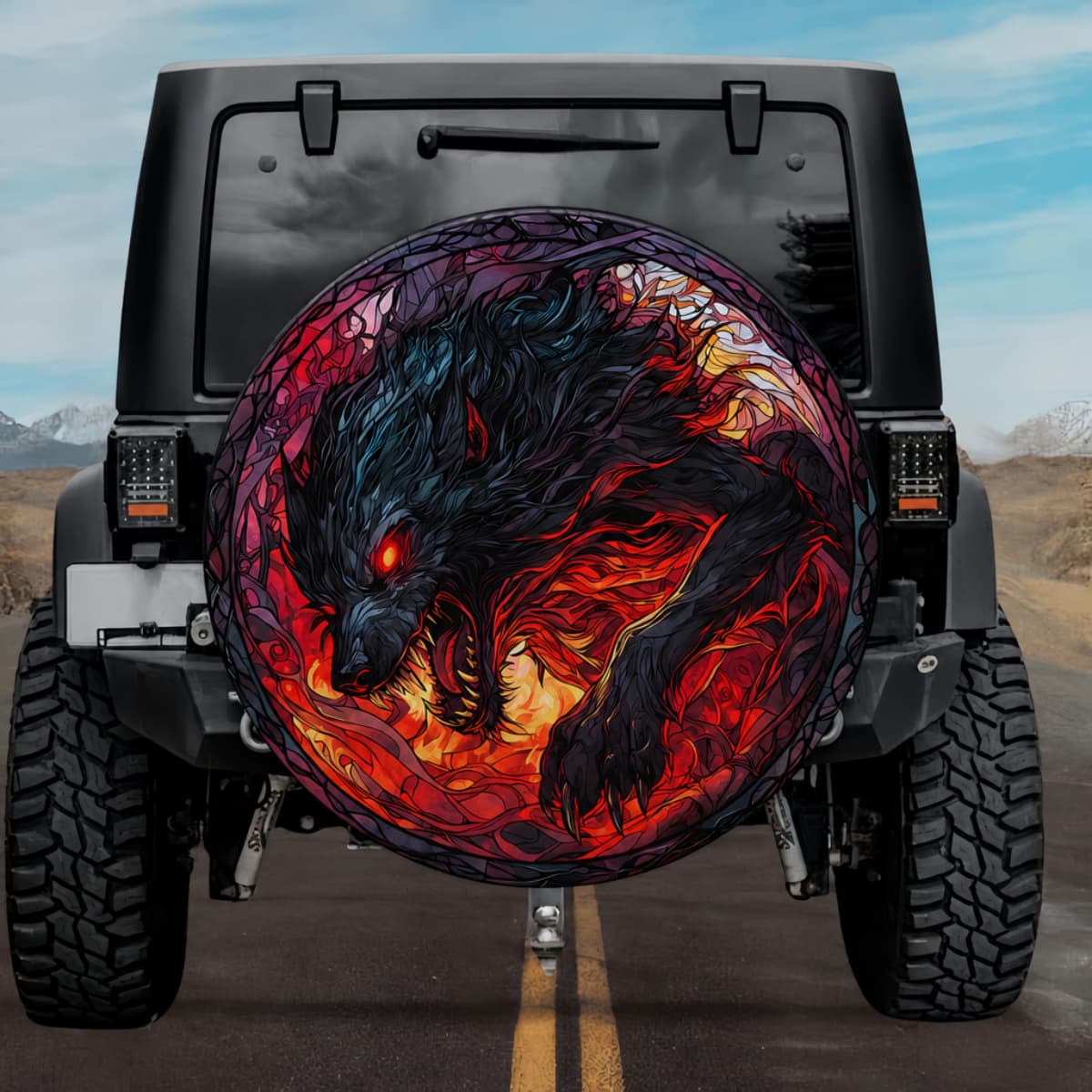 Gothic Hellhound Cerberus Fiery Crimson Stained Glass Spare Tire Cover