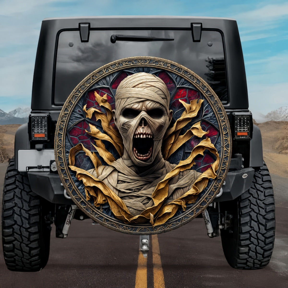 Gothic Awakened Mummy Crimson Indigo Stained Glass Spare Tire Cover