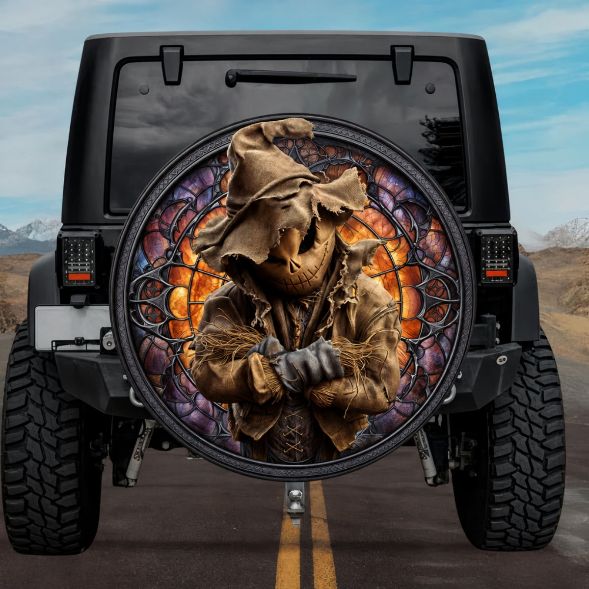 Gothic Halloween Scarecrow Fiery Amber Stained Glass Spare Tire Cover