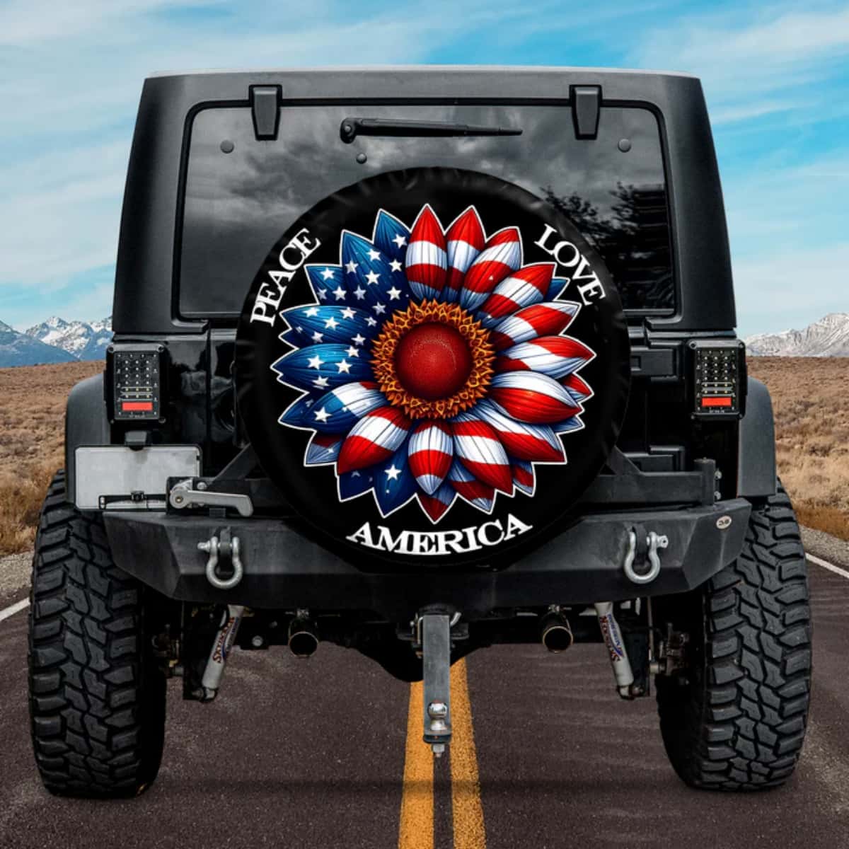 The Patriotic Soul Peace Love America Sunflower Spare Tire Cover