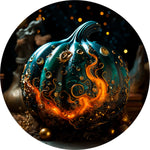 Teal and Gold Pumpkin Spare Tire Cover - Artistic Halloween Decor