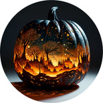 Detailed Carved Pumpkin Spare Tire Cover - Forest Silhouette Art