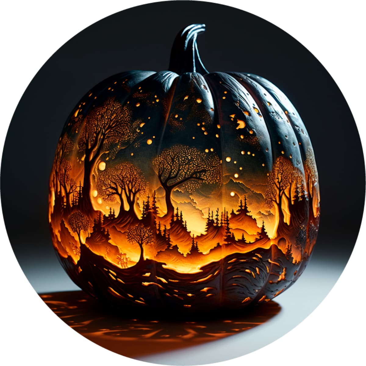 Detailed Carved Pumpkin Spare Tire Cover - Forest Silhouette Art