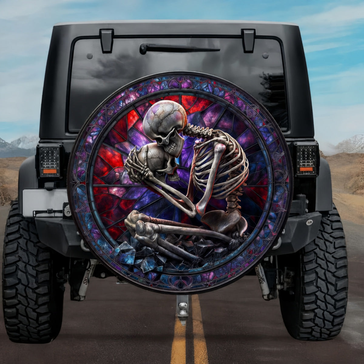 Gothic Embracing Skeleton Eternal Lovers Crimson Stained Glass Spare Tire Cover