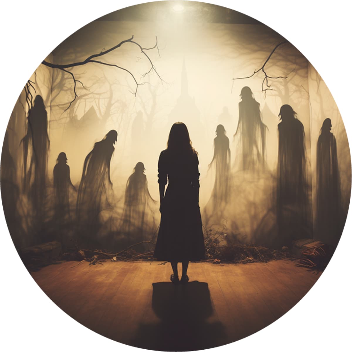 Ghost Silhouette Spare Tire Cover - Golden Mist Horror Art