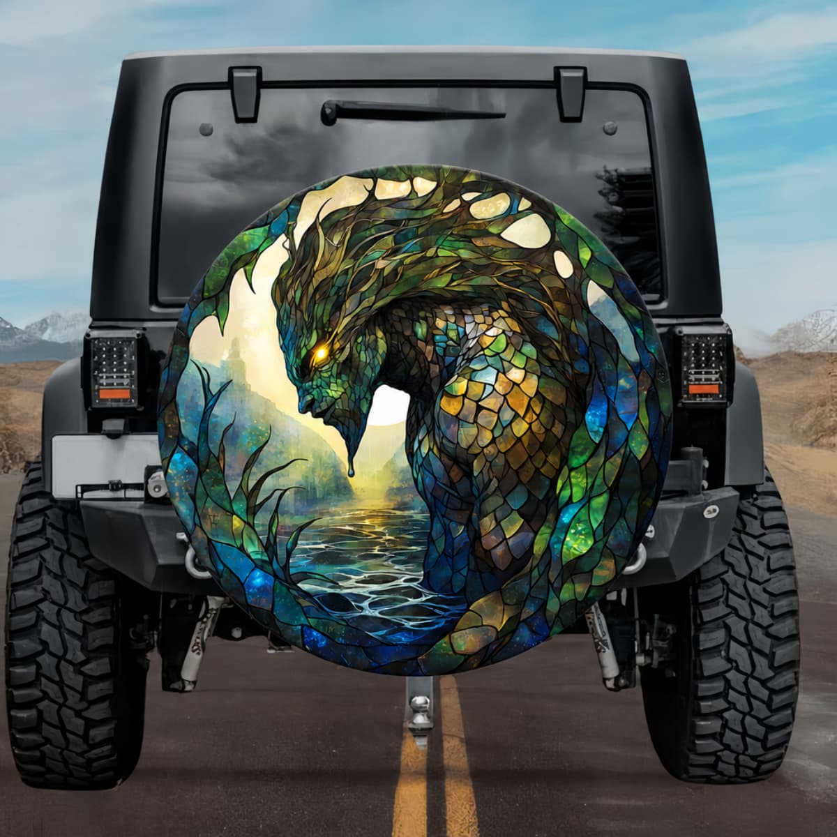 Gothic Swamp Creature Moss Green Scales Stained Glass Spare Tire Cover