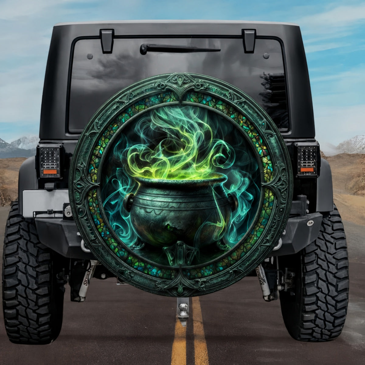 Gothic Witch Cauldron Glowing Green Smoke Emerald Stained Glass Spare Tire Cover