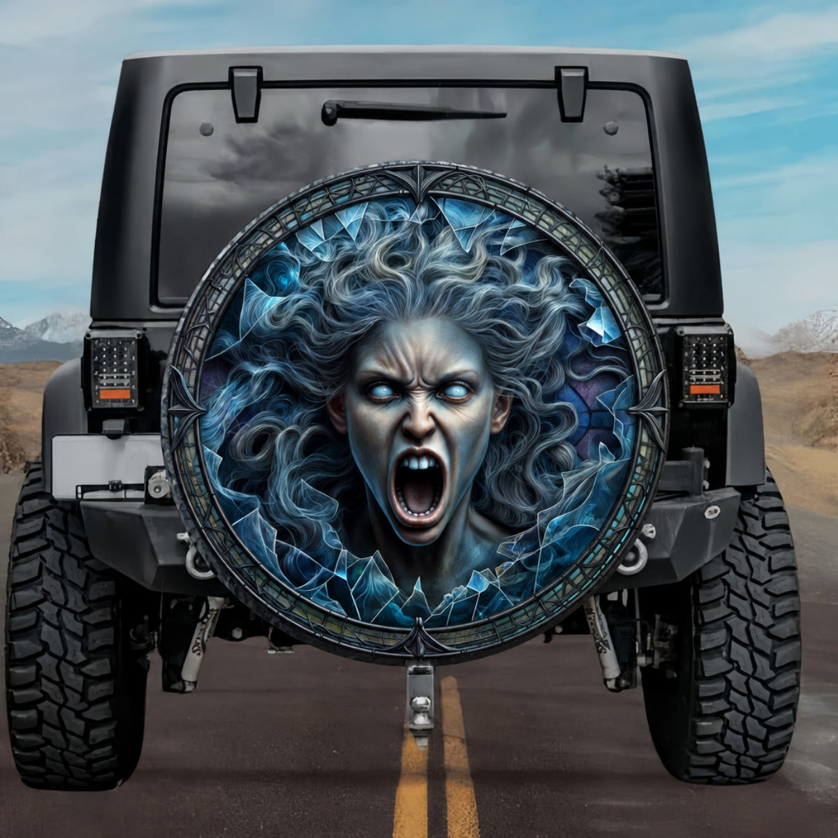 Gothic Screaming Banshee Ice Blue Stained Glass Spare Tire Cover
