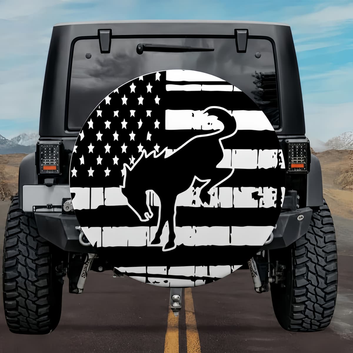 American Flag with Bronco Horse Spare Tire Cover Jeep, Bronco, RVs and more