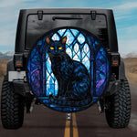 Gothic Black Cat Amber Eyes Cobalt Blue Stained Glass Spare Tire Cover