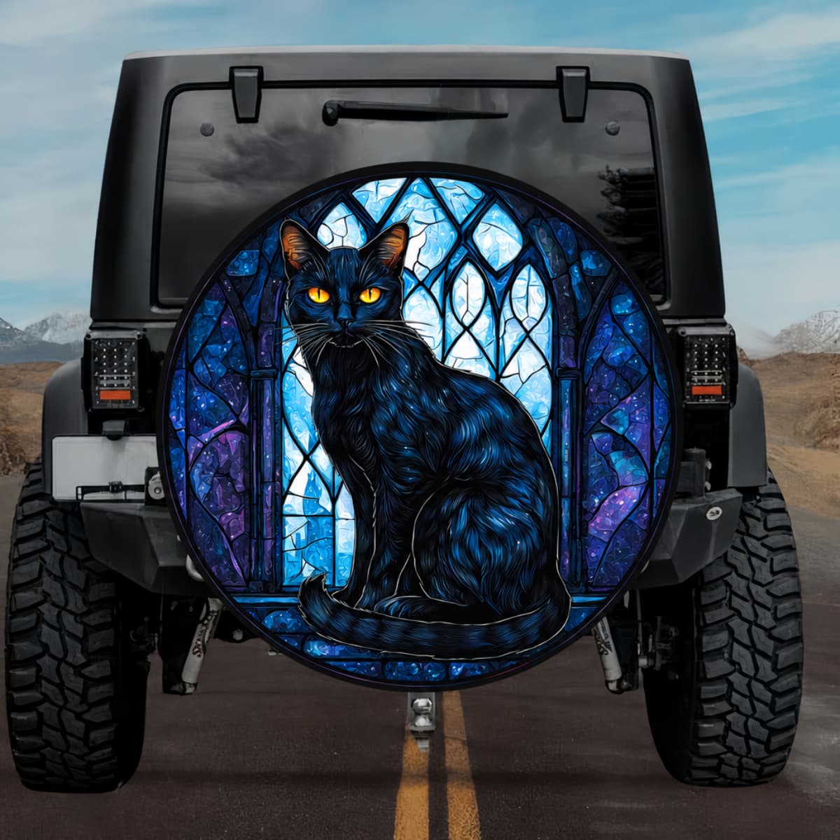 Gothic Black Cat Amber Eyes Cobalt Blue Stained Glass Spare Tire Cover
