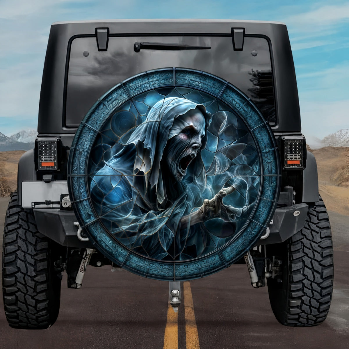 Gothic Screaming Ghost Howling Wraith Cobalt Blue Stained Glass Spare Tire Cover