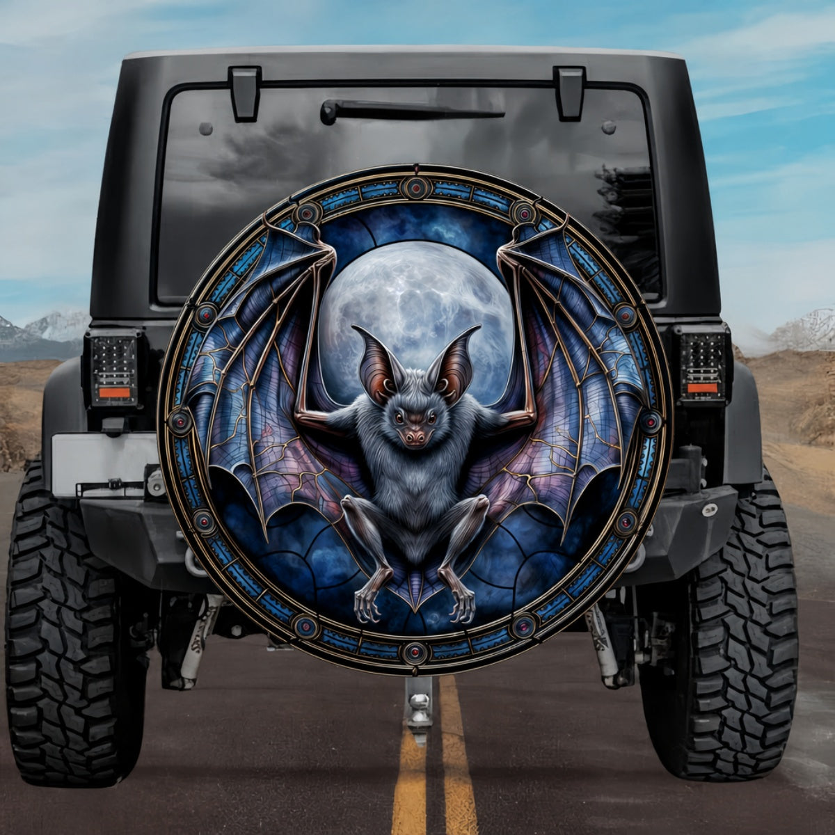 Gothic Vampire Bat Full Moon Cobalt Blue Stained Glass Spare Tire Cover