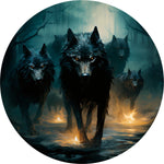 Black Wolf Pack Spare Tire Cover - Glowing Eyes Forest Art
