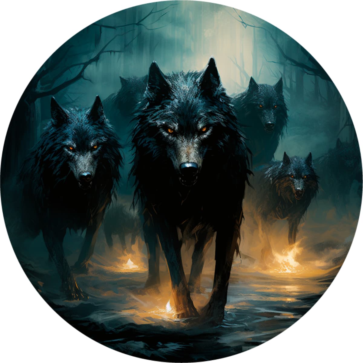 Black Wolf Pack Spare Tire Cover - Glowing Eyes Forest Art