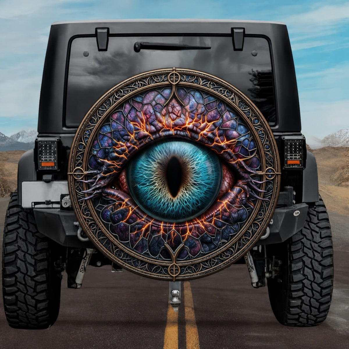 Gothic Dragon Eye Electric Blue Stained Glass Spare Tire Cover