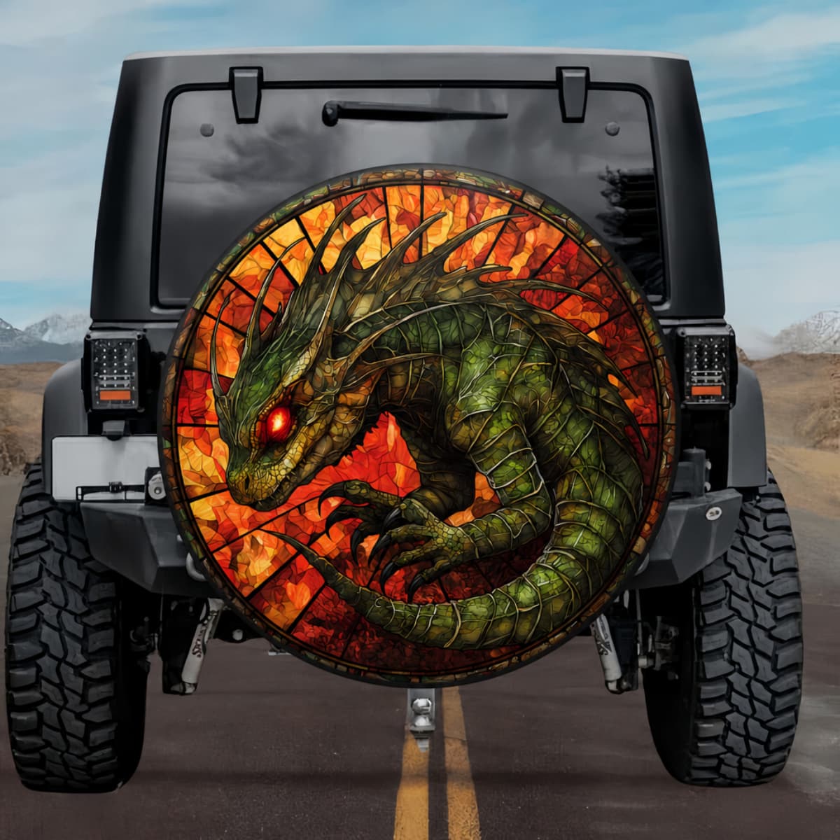 Gothic Chupacabra Glowing Red Eyes Amber Fire Stained Glass Spare Tire Cover