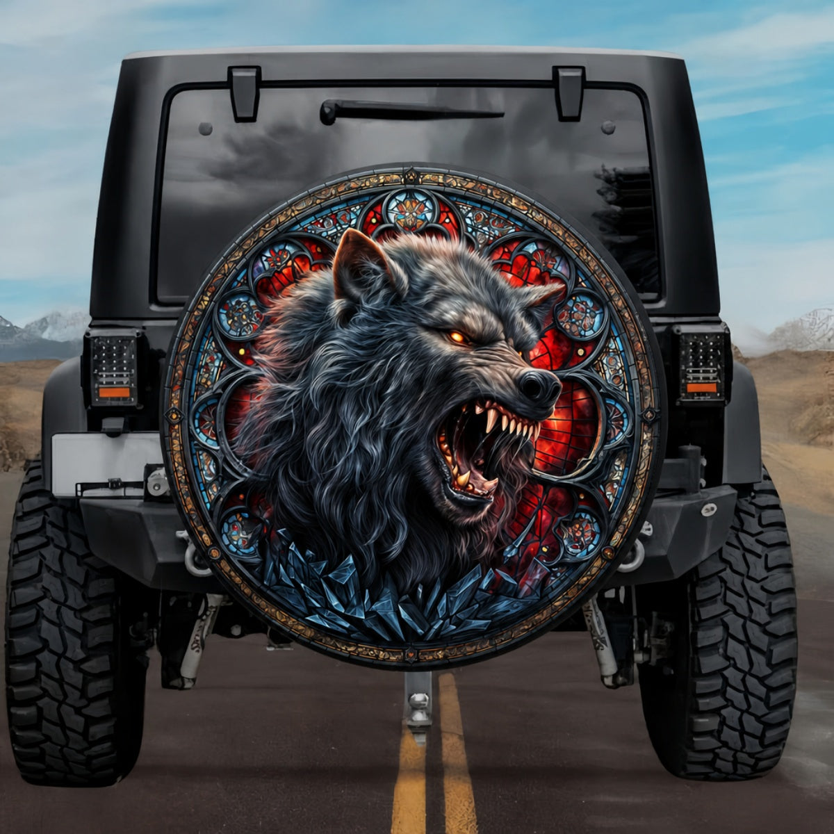 Gothic Howling Werewolf Crimson Stained Glass Spare Tire Cover
