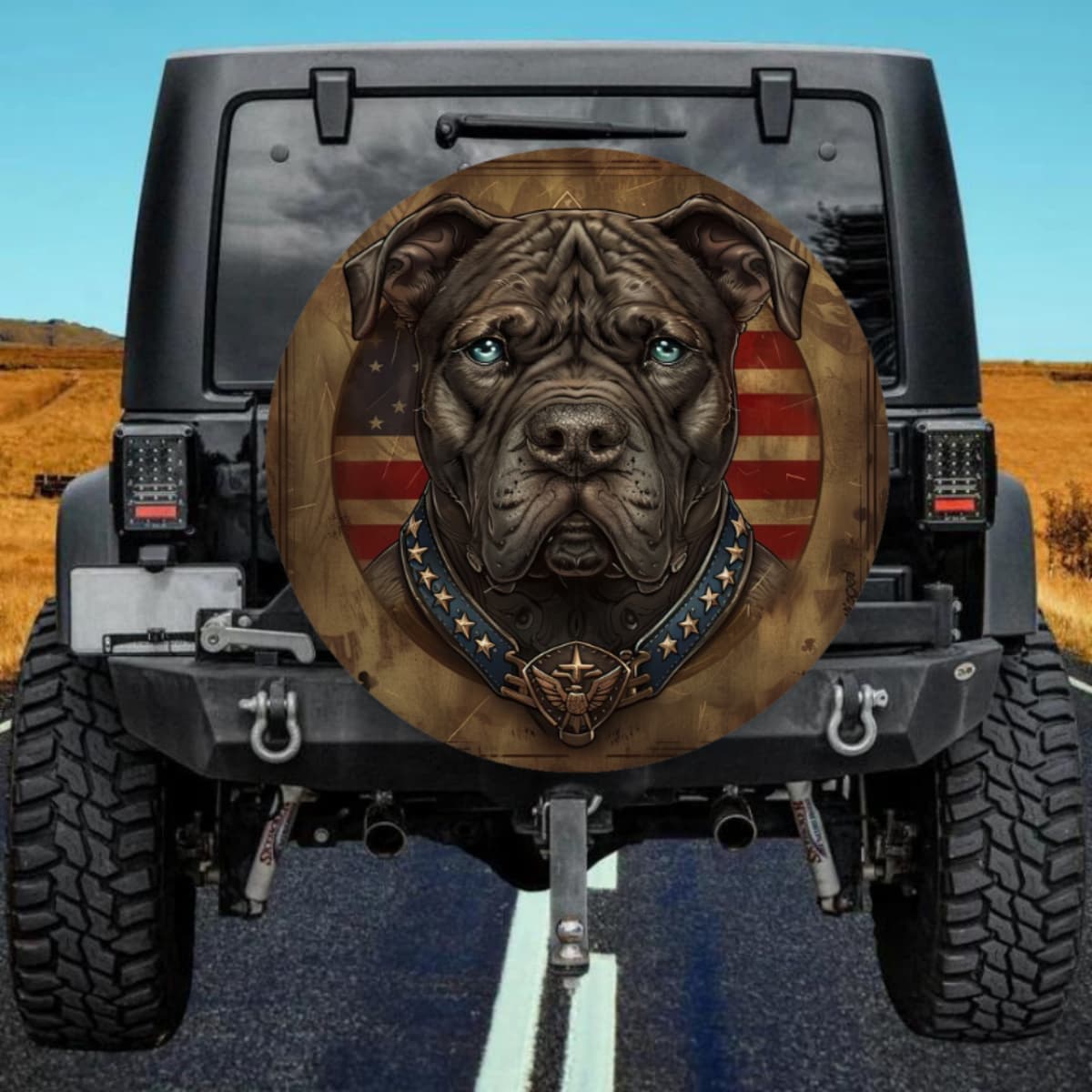 Blue-Eyed Black Dog Vintage American Flag Spare Tire Cover