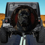Blue-Eyed Brindle Dog in Tactical Shield Spare Tire Cover