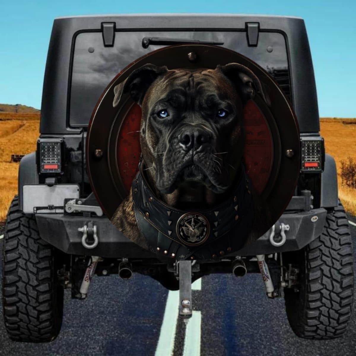 Blue-Eyed Brindle Dog in Tactical Shield Spare Tire Cover