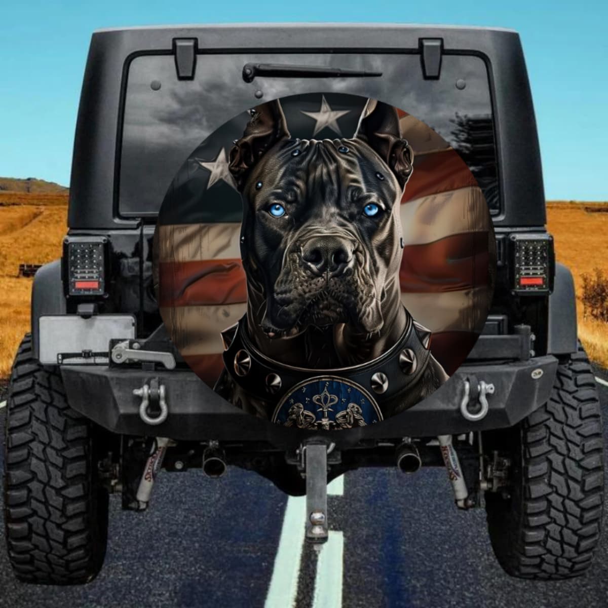 Blue-Eyed Cane Corso American Flag Spare Tire Cover