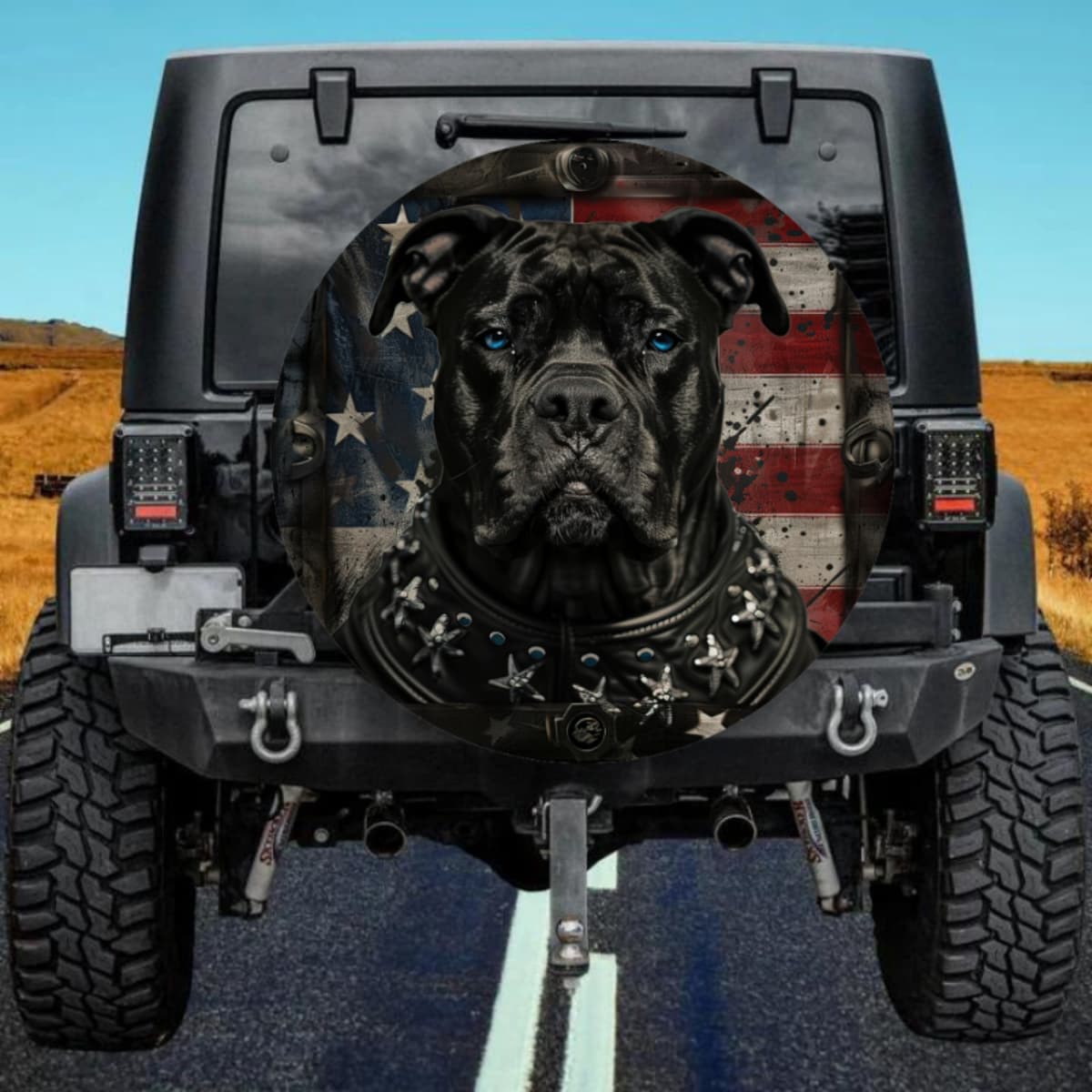 Blue-Eyed Black Dog American Flag Spare Tire Cover