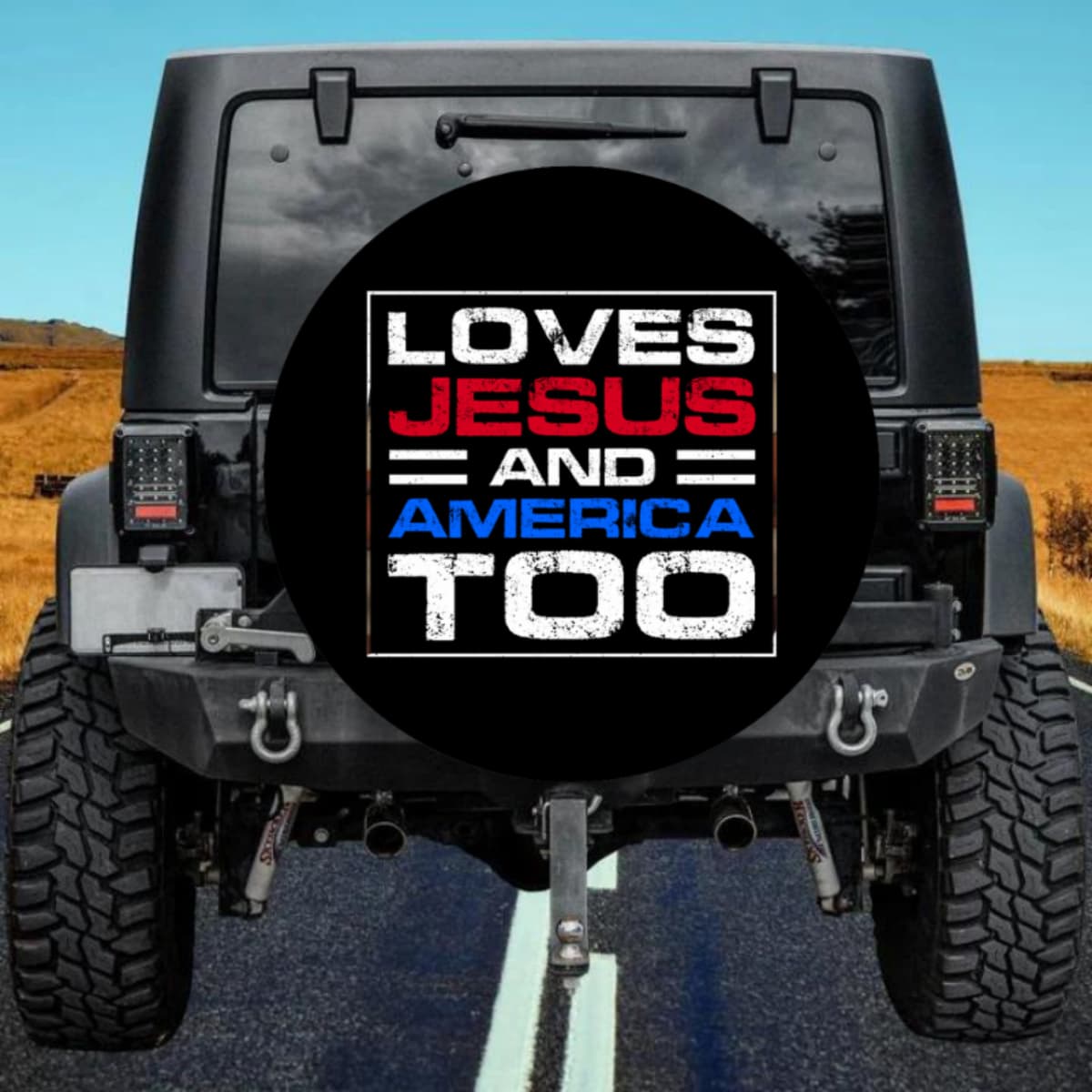 Loves Jesus and America Too Funny Patriotic Spare Tire Cover