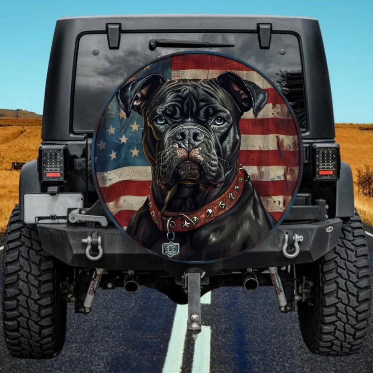Blue-Eyed Black Dog Wood American Flag Spare Tire Cover