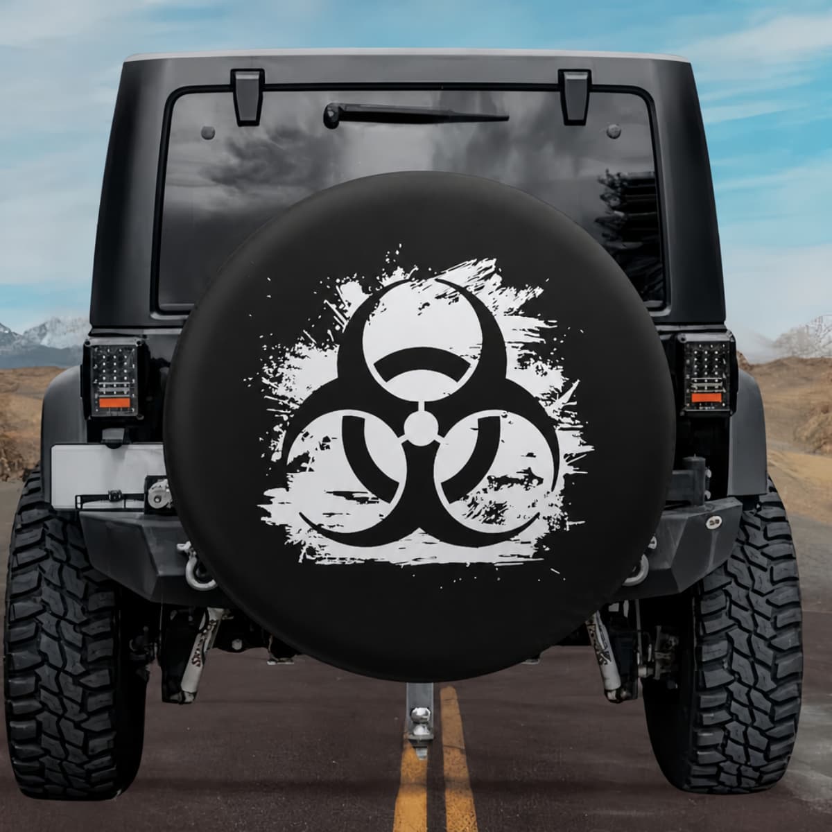 Distressed Bio Hazard Warning Spare Tire Cover