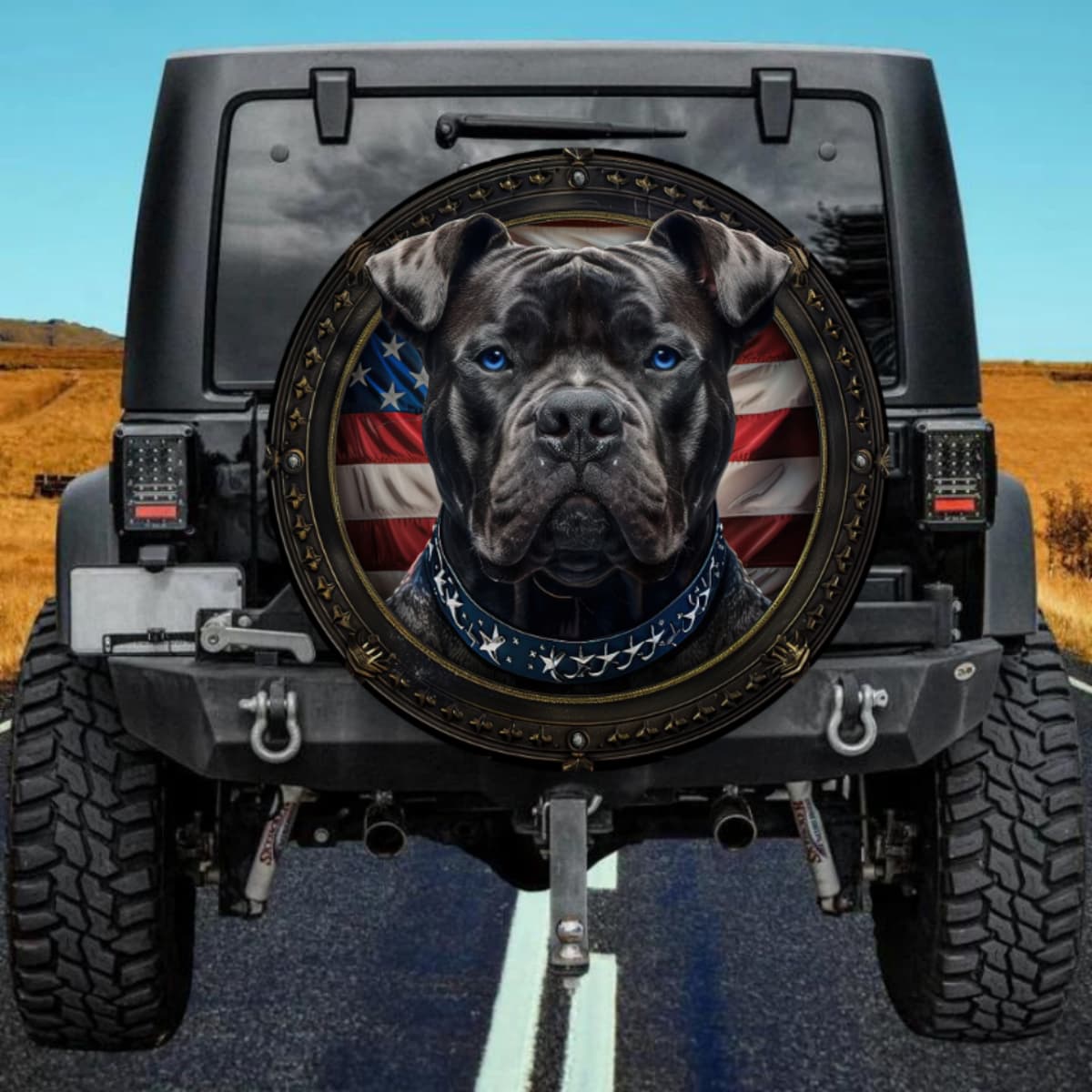 Blue-Eyed Black Dog with Star Collar & Flag Spare Tire Cover