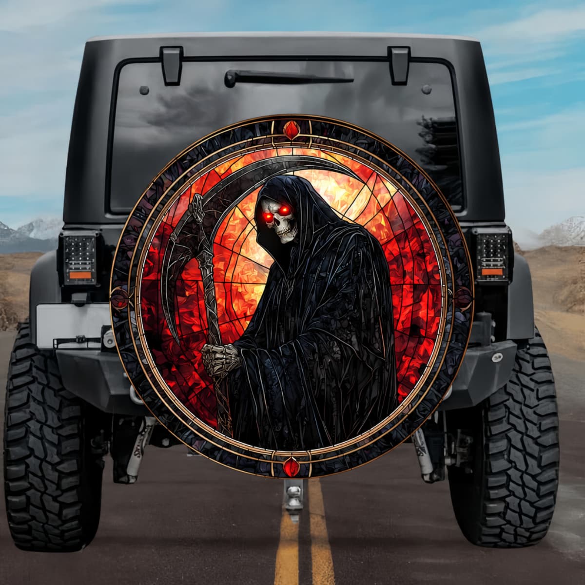 Gothic Grim Reaper Scythe Fire Stained Glass Spare Tire Cover