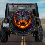 Gothic Creepy Carved Pumpkin Fiery Amber Stained Glass Spare Tire Cover