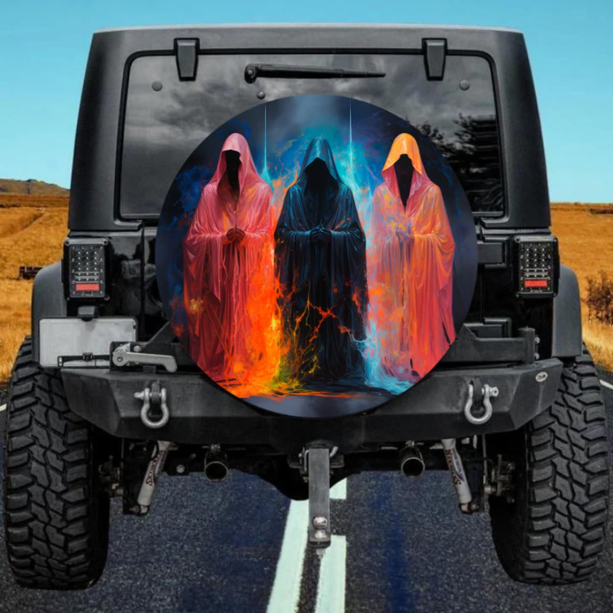 Shadow Wraiths: Dark Fantasy Hooded Figures Spare Tire Cover