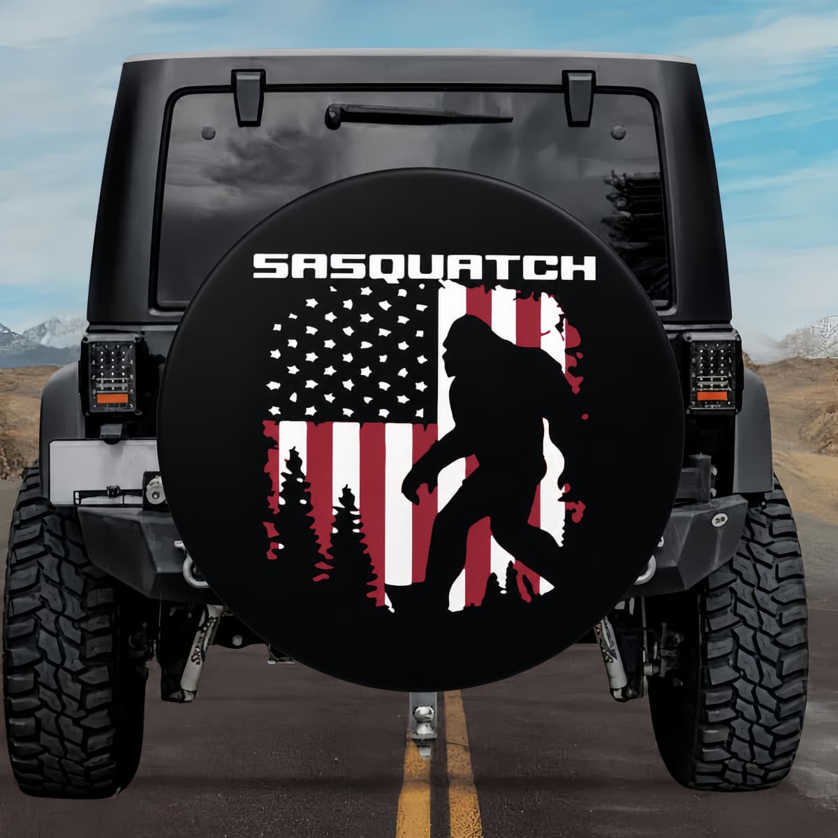 Sasquatch American Flag Spare Tire Cover for Jeep, Bronco, RV, & More