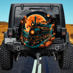 Vintage Train Spare Tire Cover - Halloween Moon & Pumpkin Art