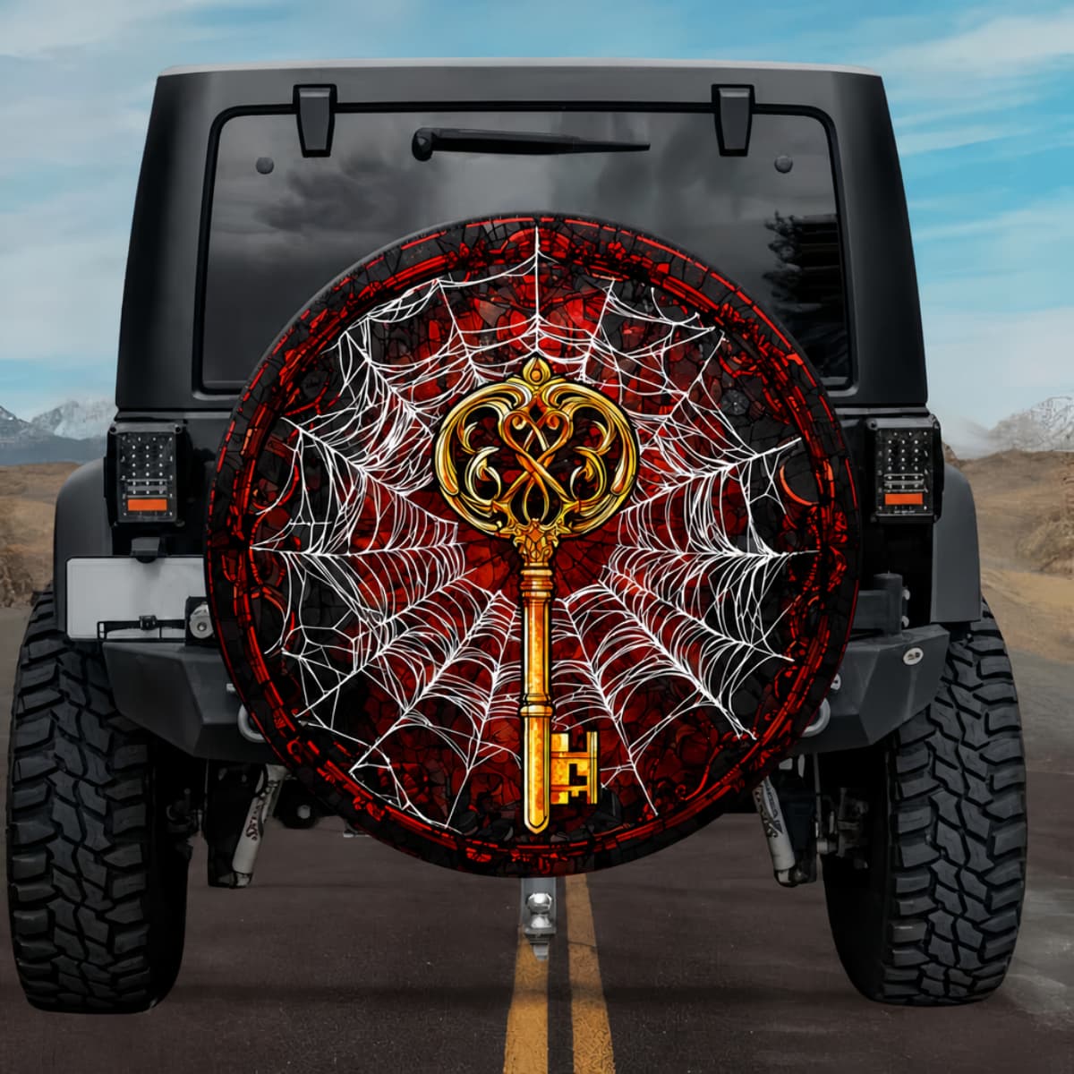 Gothic Vintage Skeleton Key Cobweb Crimson Stained Glass Spare Tire Cover