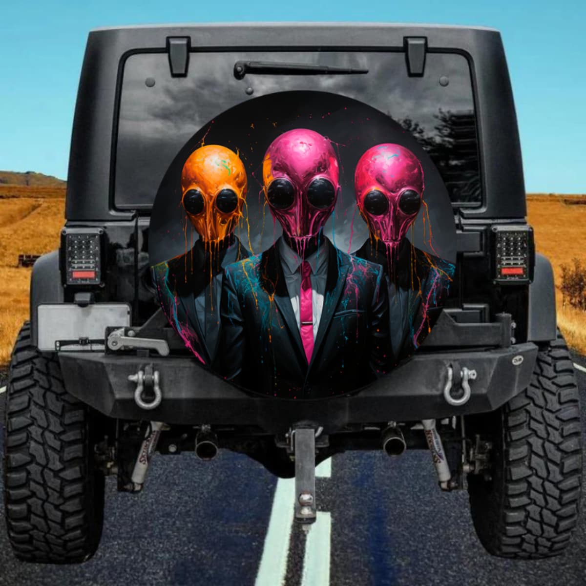 Aliens in Suits Spare Tire Cover - Neon Drip Paint Art