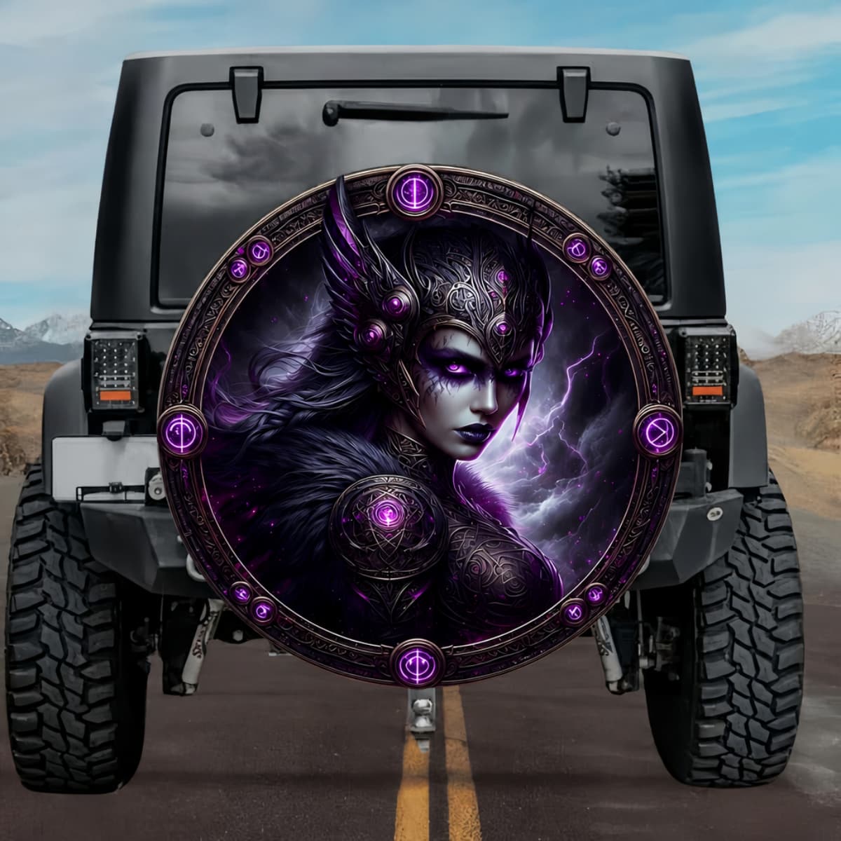 Gothic Valkyrie Hildr Norse Runes Purple Lightning Spare Tire Cover
