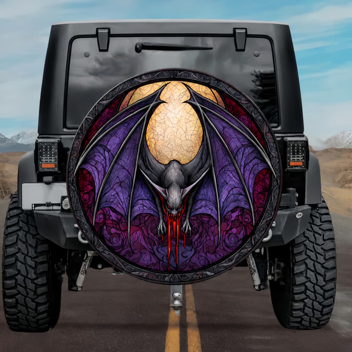 Gothic Vampire Bat Dripping Blood Crimson Stained Glass Spare Tire Cover
