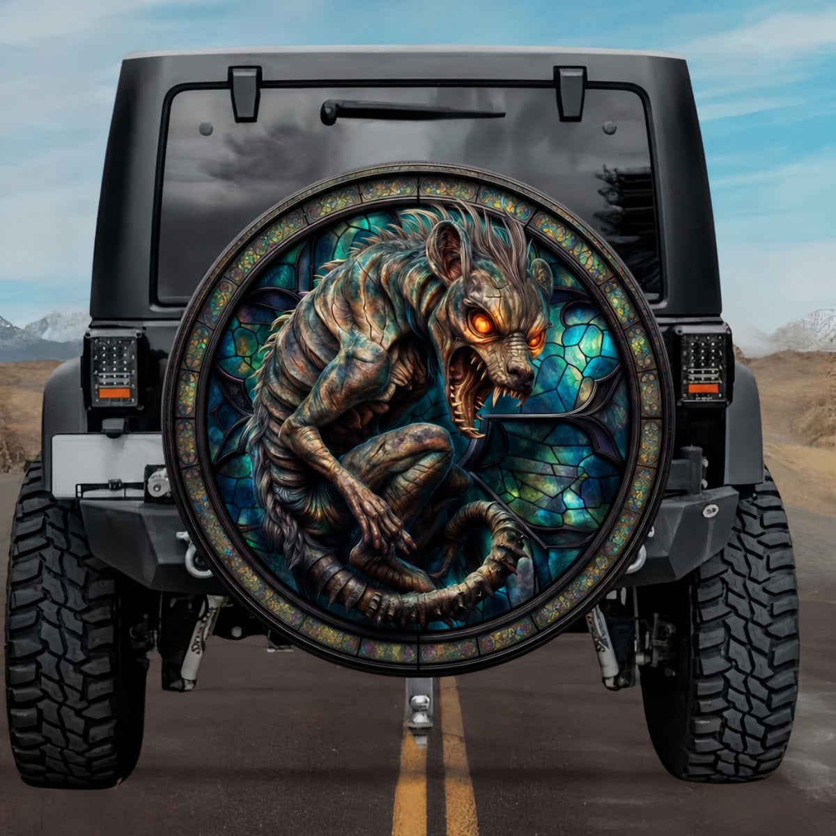 Gothic Chupacabra Hyena Beast Teal Stained Glass Spare Tire Cover