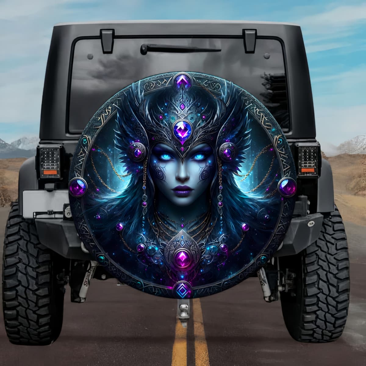 Gothic Valkyrie Herfjotur Norse Runes Amethyst Purple Spare Tire Cover