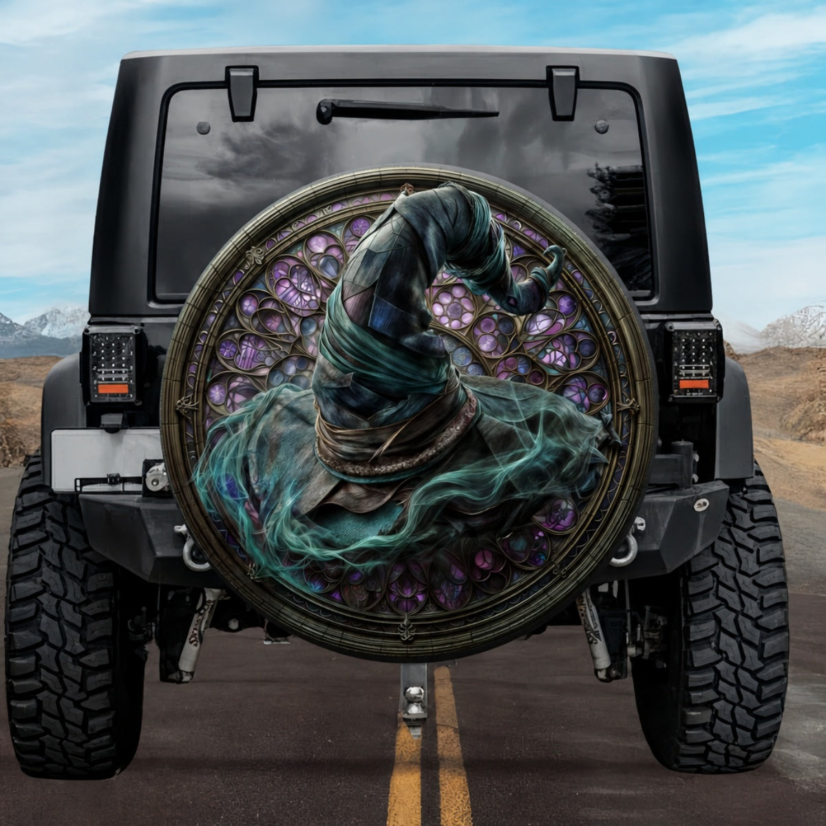 Gothic Witch Hat Green Mist Amethyst Stained Glass Spare Tire Cover