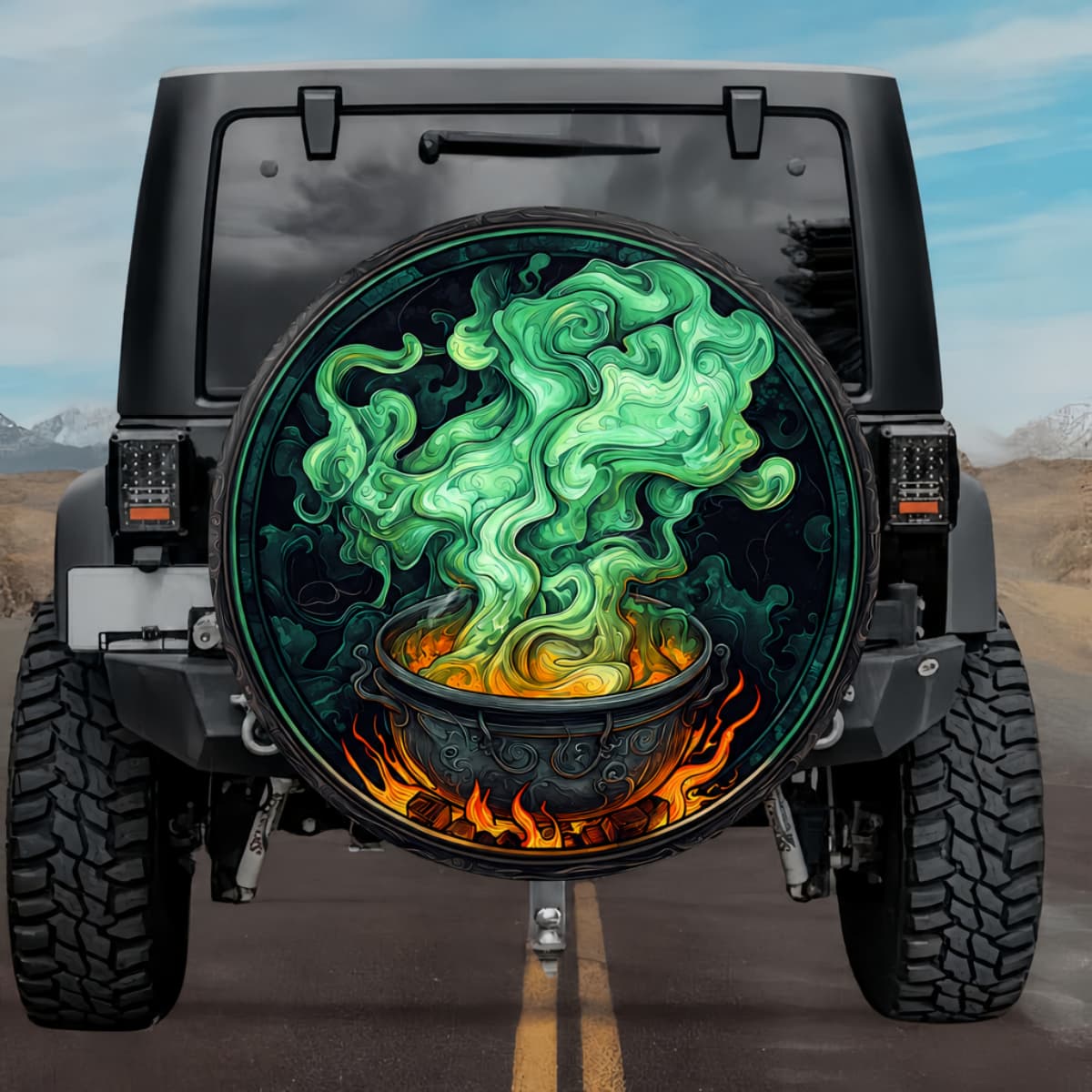 Gothic Witch Cauldron Toxic Green Smoke Fire Stained Glass Spare Tire Cover