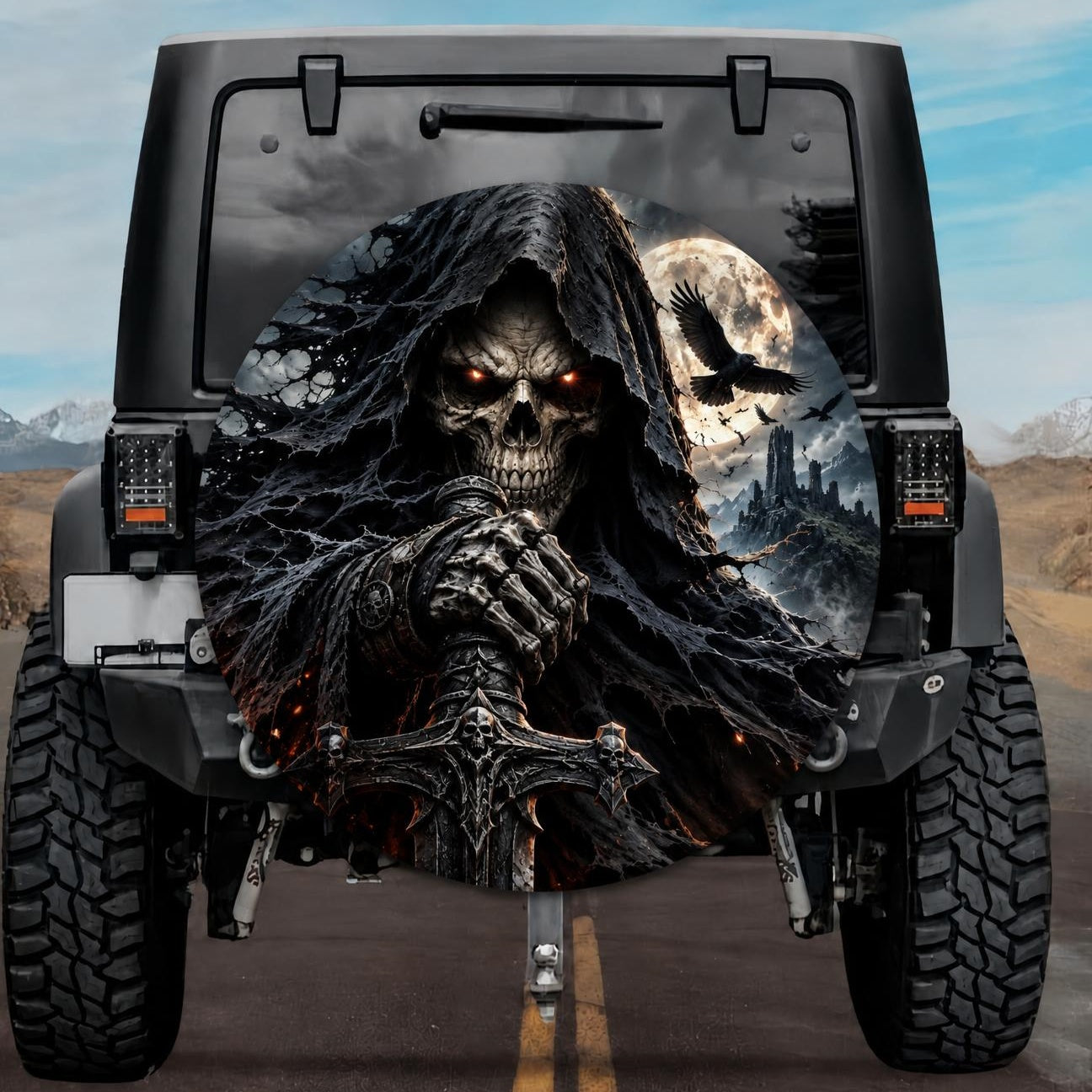 Rear view of an off-road vehicle with a Grim Reaper skull spare tire cover