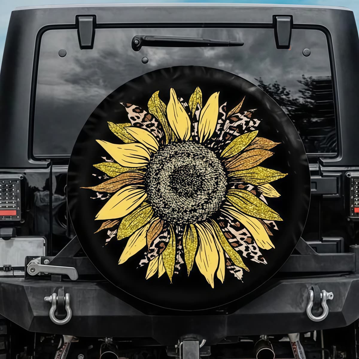 Gold Glitter Leopard Sunflower Spare Tire Cover for Jeep Wrangler Bronco