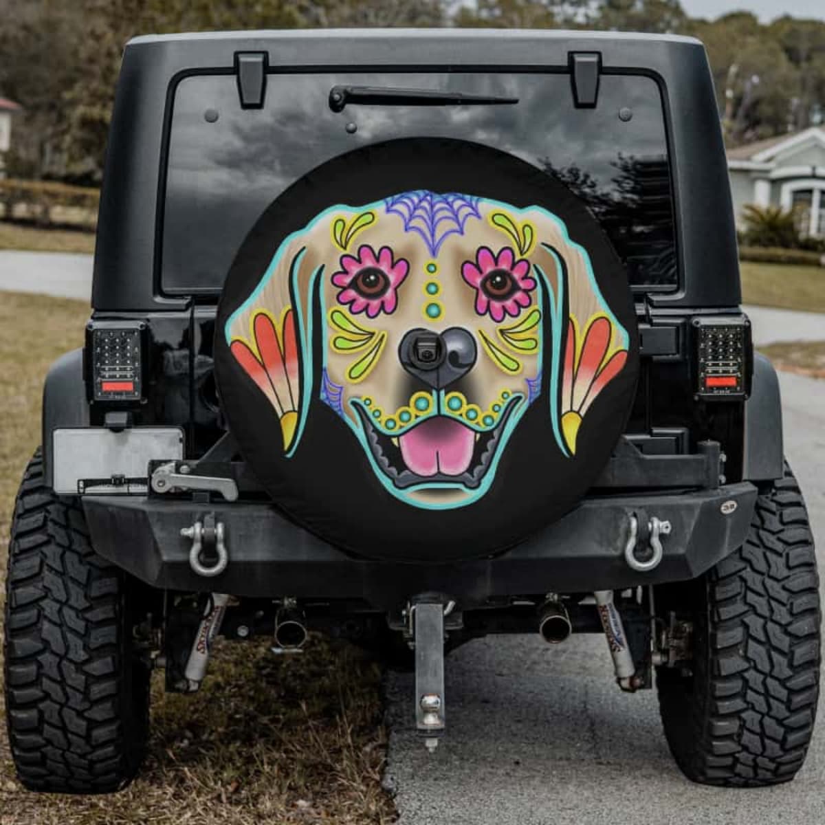 Sugar Skull Golden Retriever Skeleton Spare Tire Cover