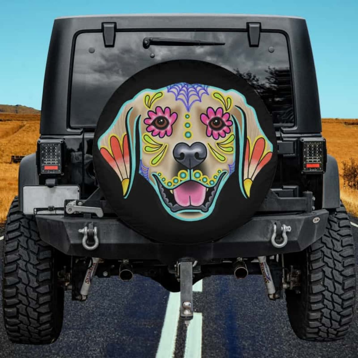 Sugar Skull Golden Retriever Skeleton Spare Tire Cover